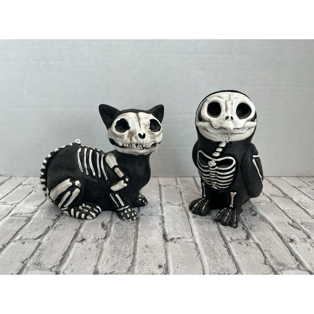 Vtg Halloween Animal Skeleton Statue Lot Of 2 Clay Resin 6" BLK CAT OWL